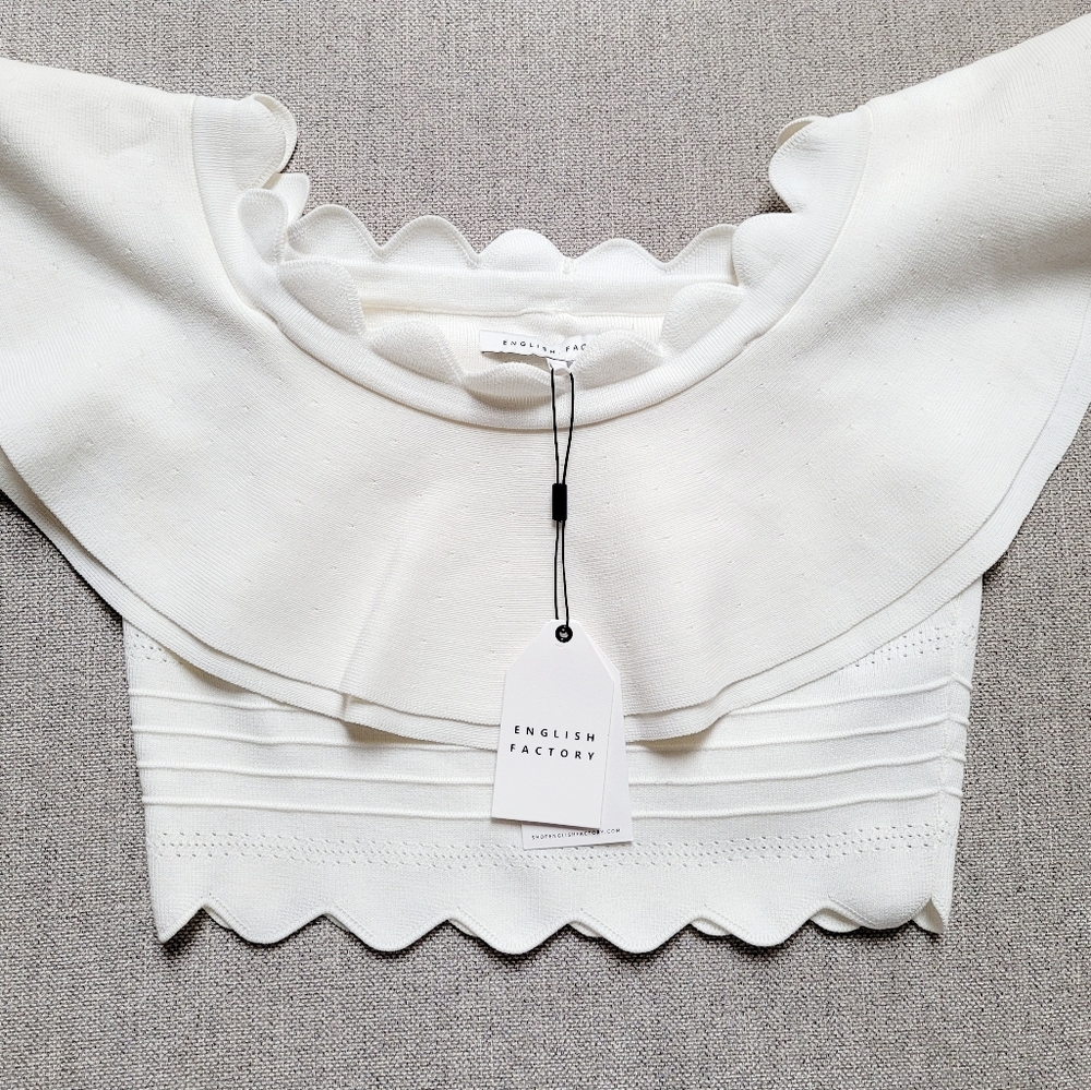 English Factory White Scallop Trim Off-Shoulder Crop Top